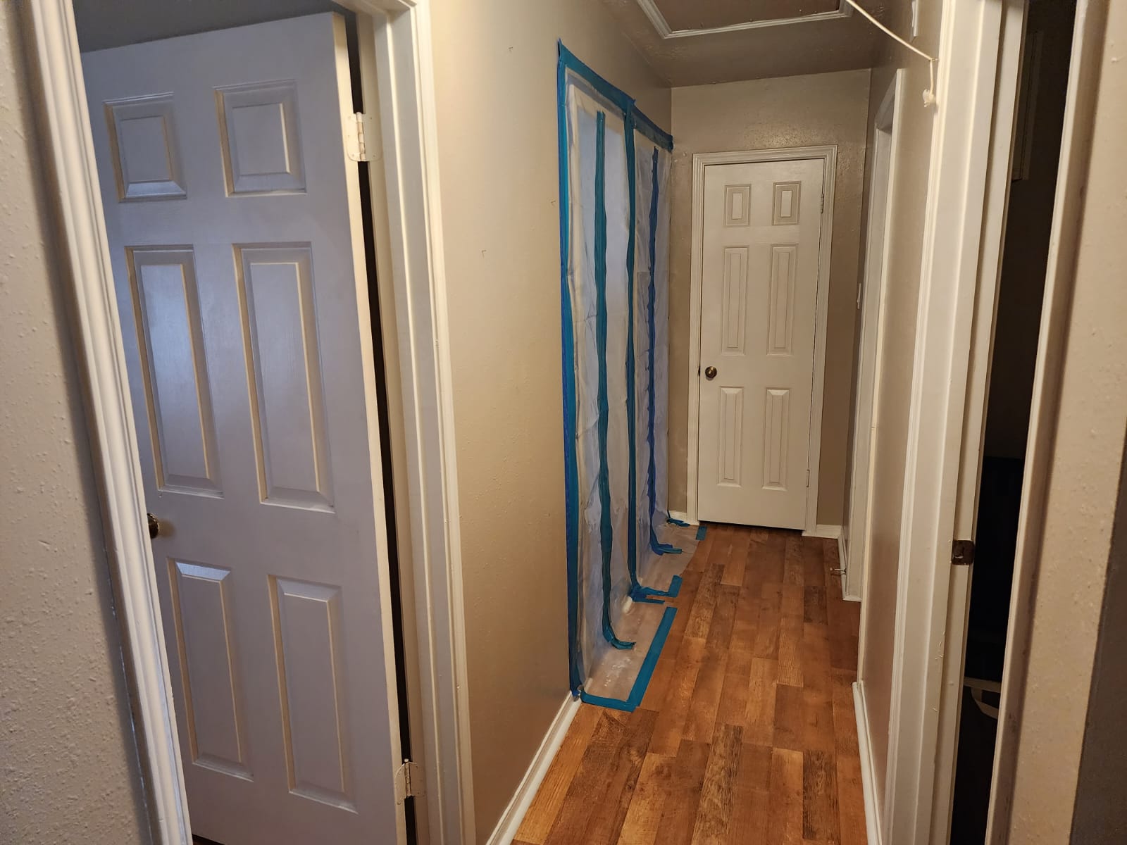 Water damage restoration after upstairs bathroom leak.