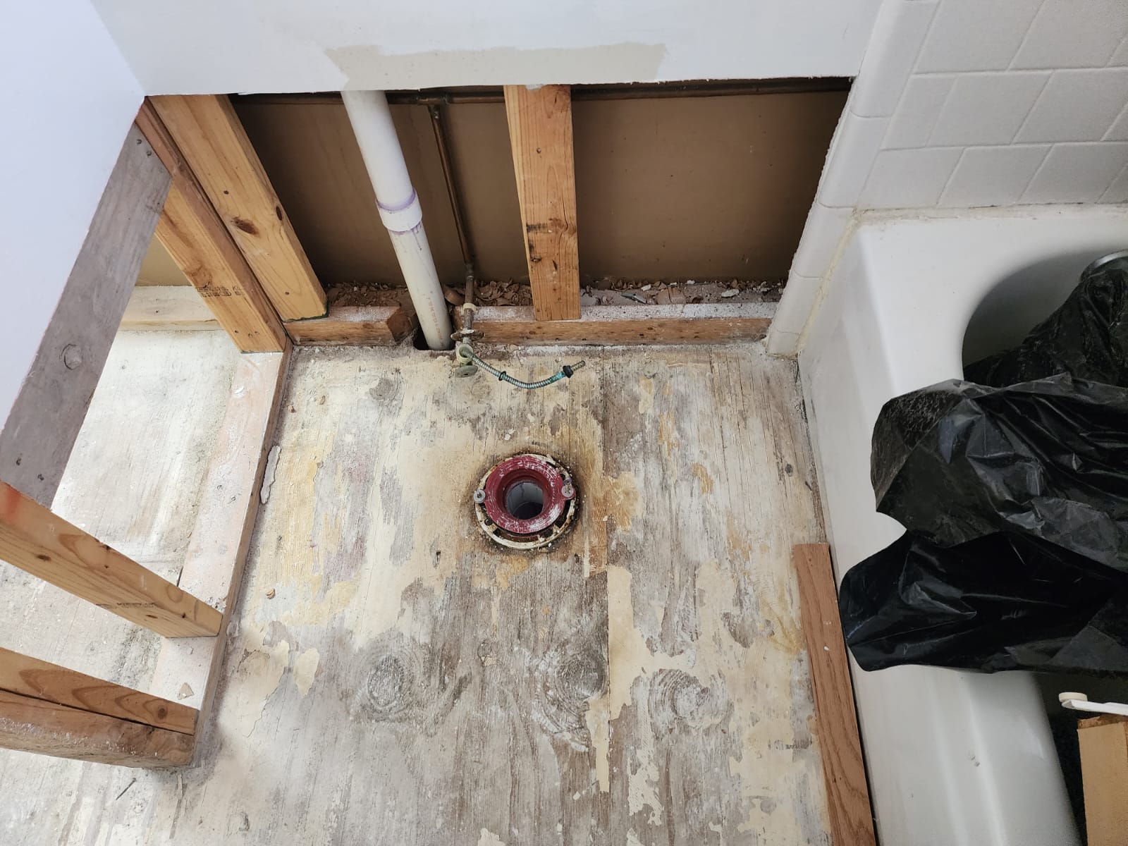 Water damage restoration after upstairs bathroom leak.