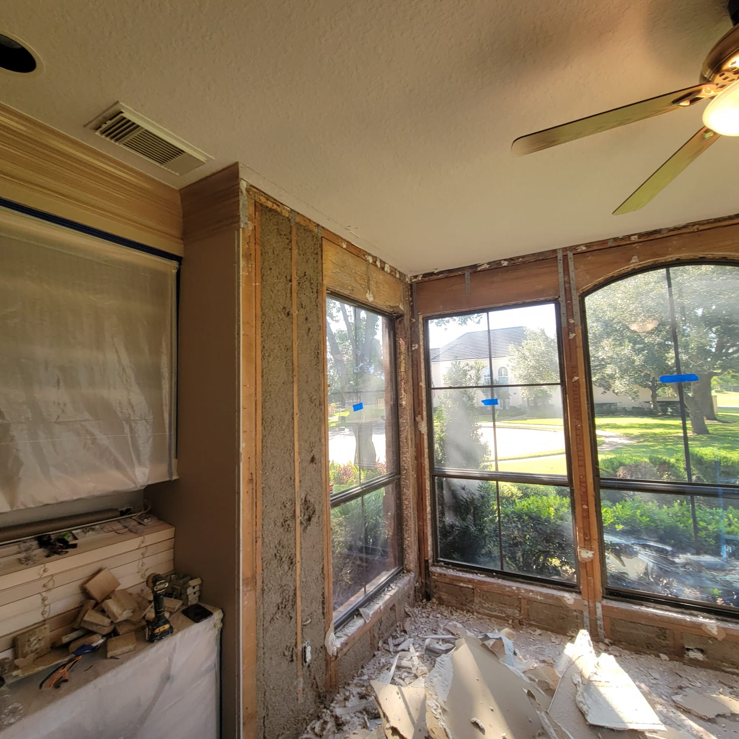 This mold job began as an upstairs patio leak. We investigated, demoed, remediated the mold and passed with flying colors.