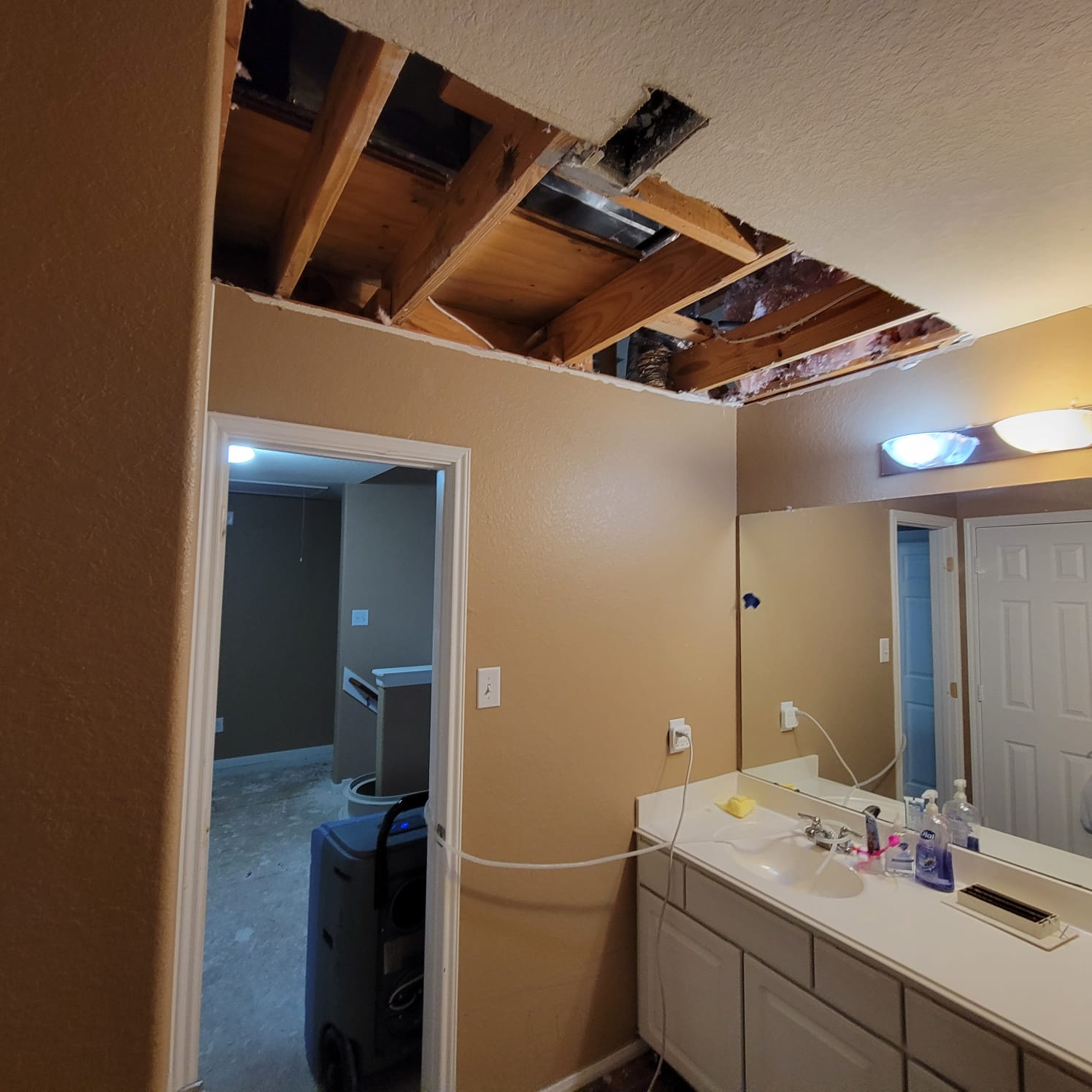 After an AC leak, we extracted all the water and moisture to dry out the property,‍ ran air movers and scrubbers, set containments as well as removed the damaged carpet and drywall