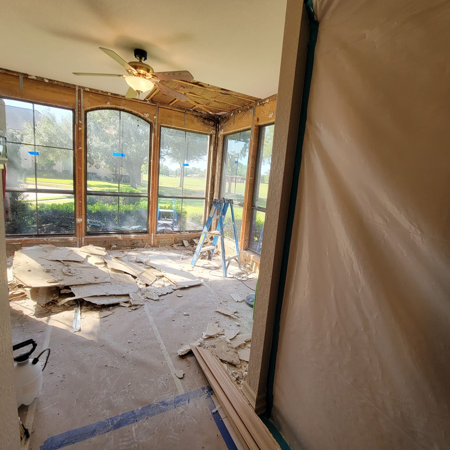 This mold job began as an upstairs patio leak. We investigated, demoed, remediated the mold and passed with flying colors.