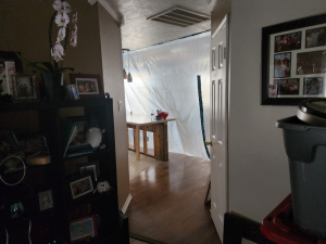 Water damage restoration after upstairs bathroom leak.