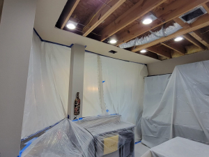 AC drainage leak that flooded the upstairs bathroom and downstairs kitchen. We set up containments, ran dehumidifiers and used air scrubbers while we removed contaminated materials.