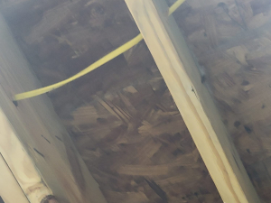 AC drainage leak that flooded the upstairs bathroom and downstairs kitchen. We set up containments, ran dehumidifiers and used air scrubbers while we removed contaminated materials.