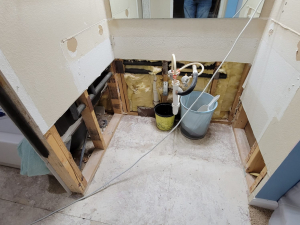 AC drainage leak that flooded the upstairs bathroom and downstairs kitchen. We set up containments, ran dehumidifiers and used air scrubbers while we removed contaminated materials.