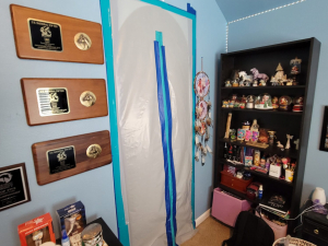 AC drainage leak that flooded the upstairs bathroom and downstairs kitchen. We set up containments, ran dehumidifiers and used air scrubbers while we removed contaminated materials.